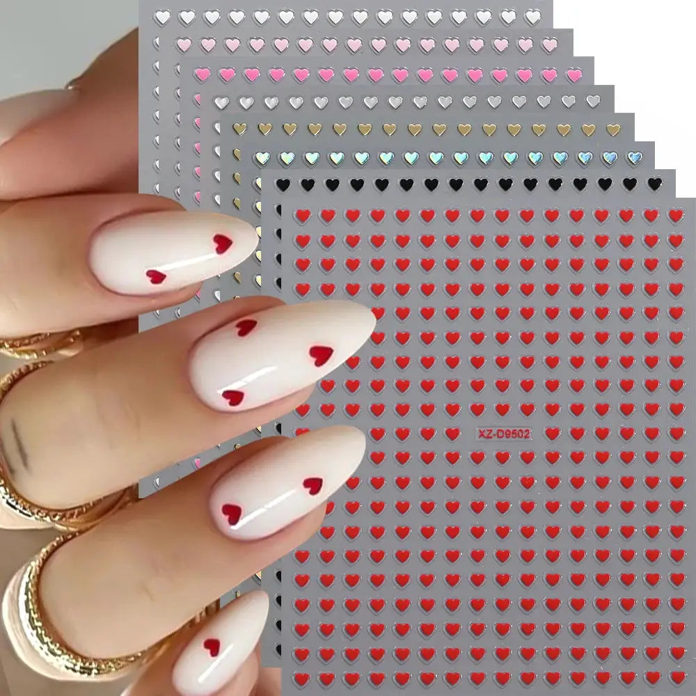 8pc 3D heart nail sticker set by Simples Market; red/pink mixed colors, self-adhesive decals for manicure.