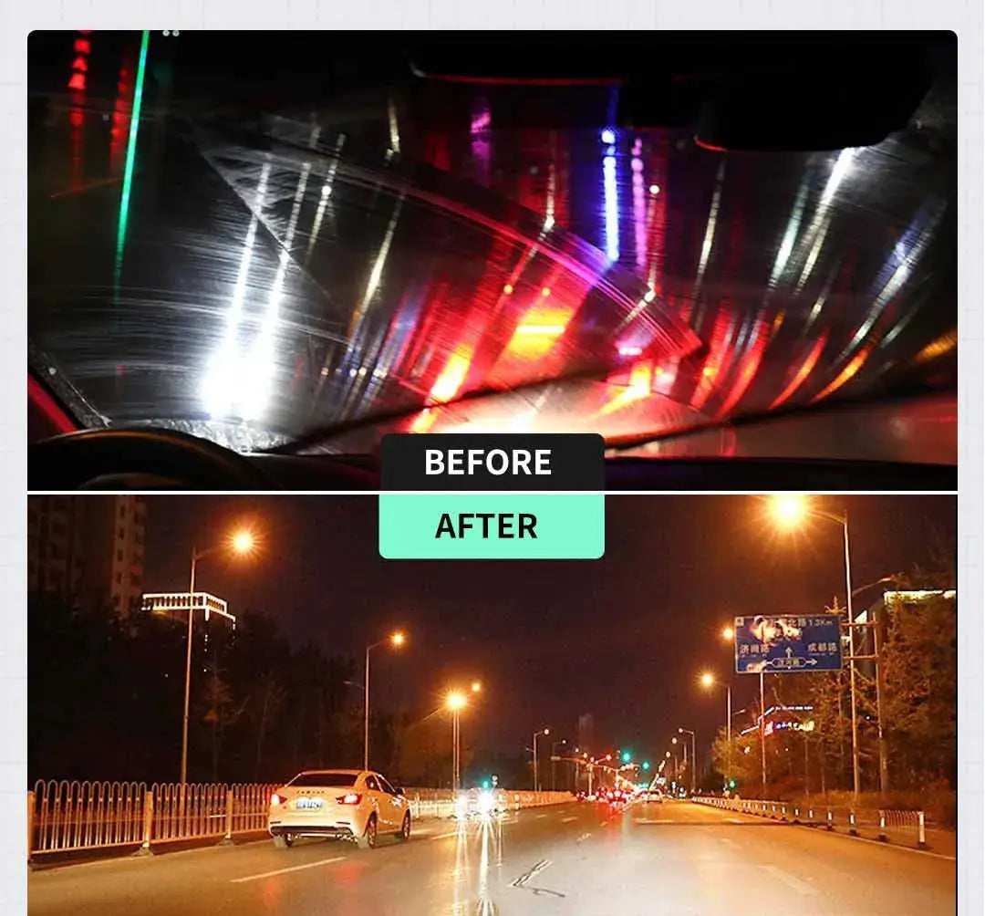 Glass Film Remover paste by Simples Market; before and after windshield cleaning (2 panels)