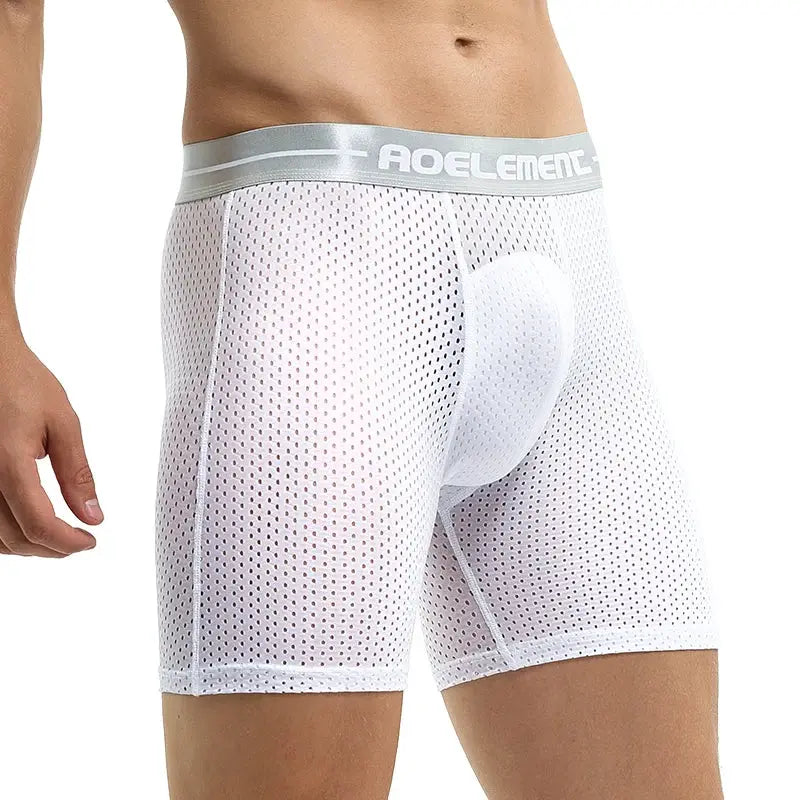 Men's white mesh boxer briefs with breathable ice-silk fabric, extra-long legs, large size