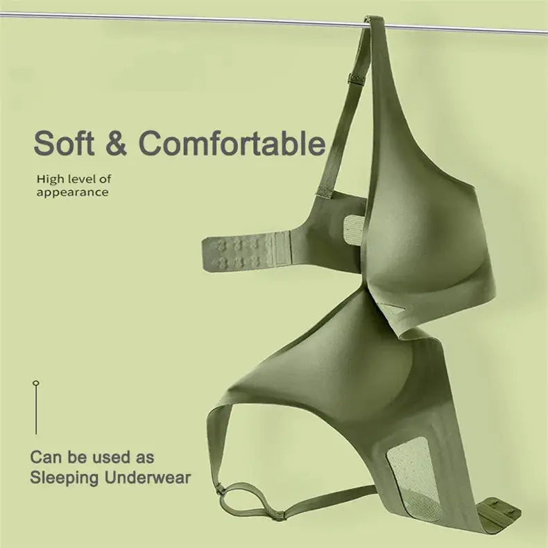 Wire-free green seamless bralette with adjustable straps; soft, comfortable sleeping underwear option.