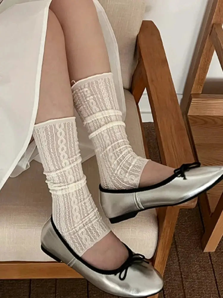 Lightweight Ballet Stamped Foot Pile Up Leg Covers With Twisted Mesh And Ruffle Detail For Summer