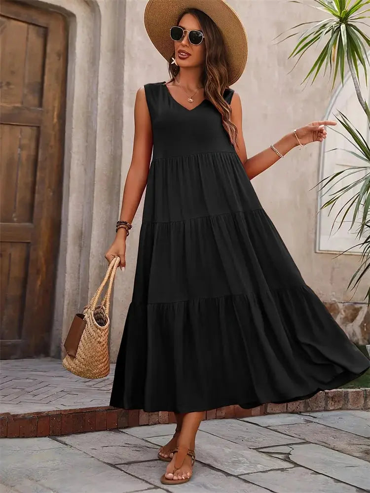 Elegant Summer Dress For Women Loose A Line Midi With V Neck Casual Sophistication In Yellow And Black