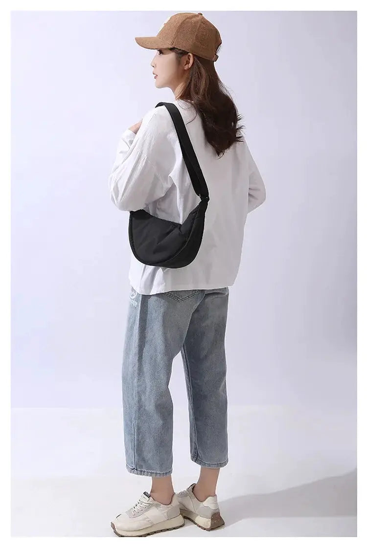 Crossbody bag, black nylon, padded strap, Simples Market