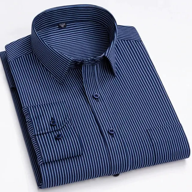 Men's navy blue striped long-sleeve shirt with a single chest pocket and button-down front
