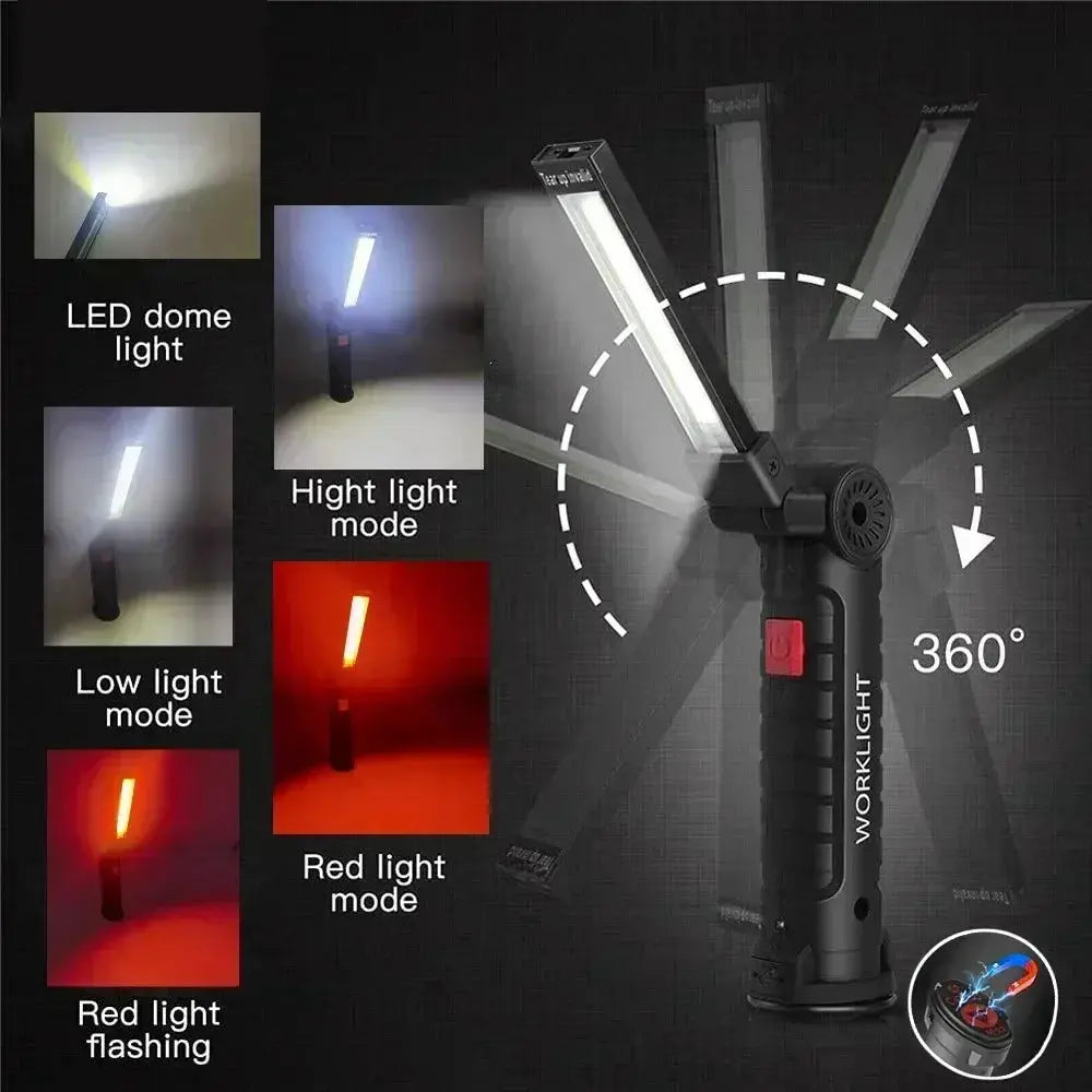Simples Market black portable COB LED work light with USB recharge, magnetic hook, 360° rotation