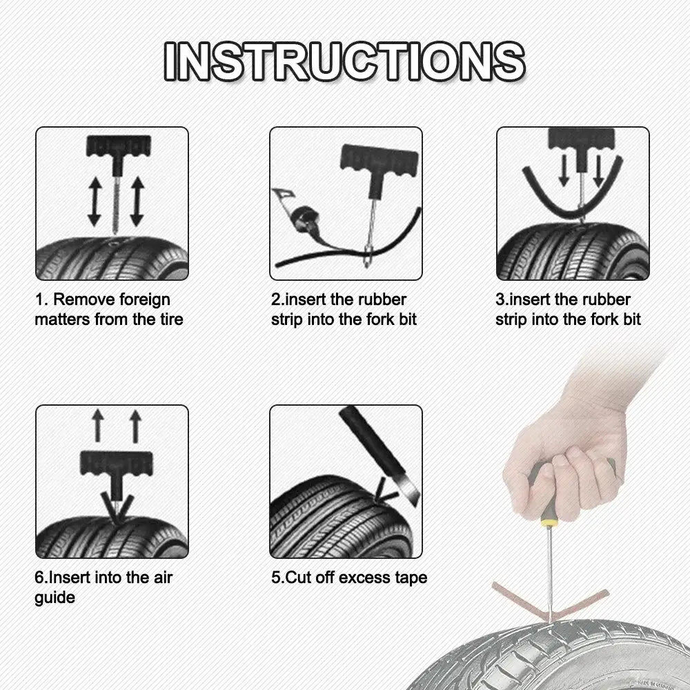 Tire repair strips kit by Simples Market Amagi with tubeless strips and step-by-step installation instructions.