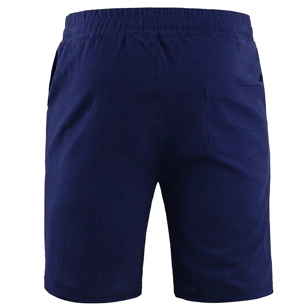 KB New men's cotton-linen shorts in navy blue, breathable solid color with back pocket