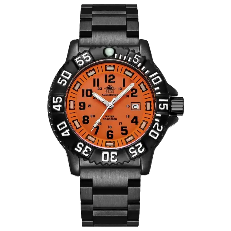ADDIESDIVE men's quartz analog watch with orange dial, bold black bezel, stainless steel strap, 50m water resistant