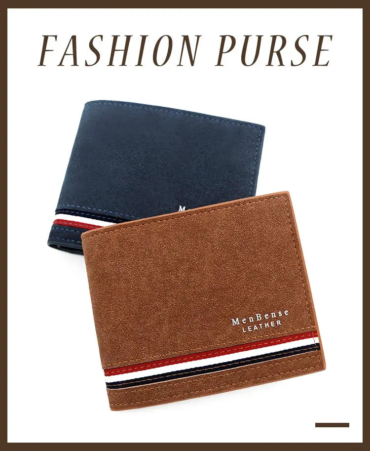 Two PU leather men's wallets in brown and navy with striped trim and zipper coin pocket