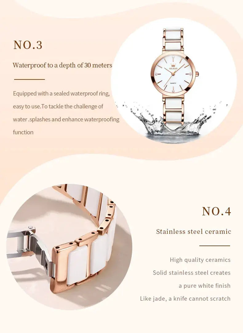 OLEVS women's wristwatch with rose-gold case and white ceramic links, waterproof to 30m, Japan quartz movement