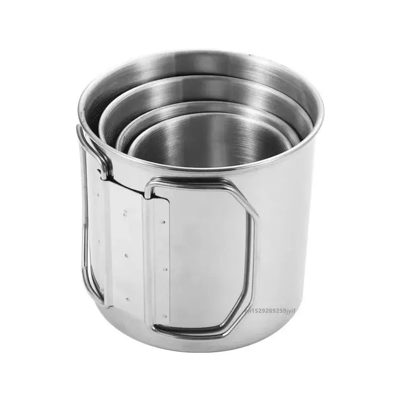 Stainless steel camping cup with foldable handle, 250–700ml capacity