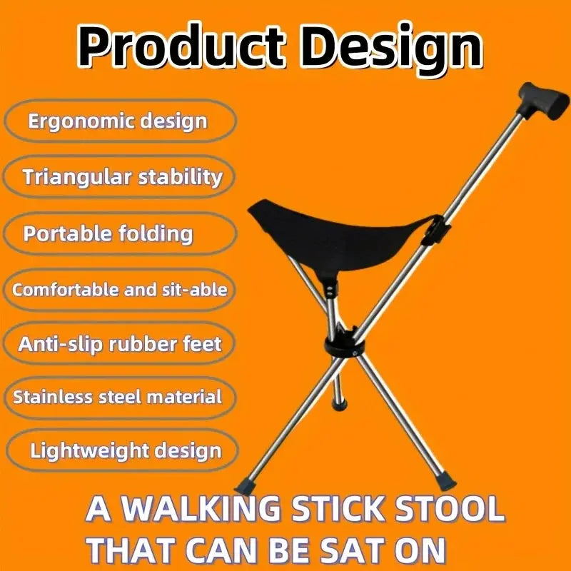 Simples Market 2-in-1 folding cane and chair with stainless steel frame and black seat