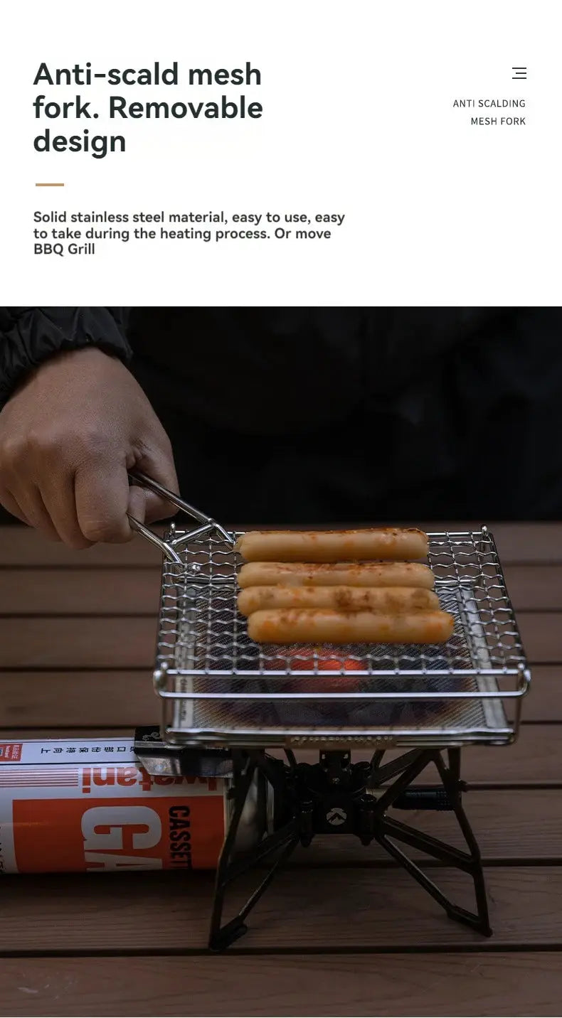 CAMPINGMOON folding stainless steel toast grill net over a portable gas stove grilling four sausages