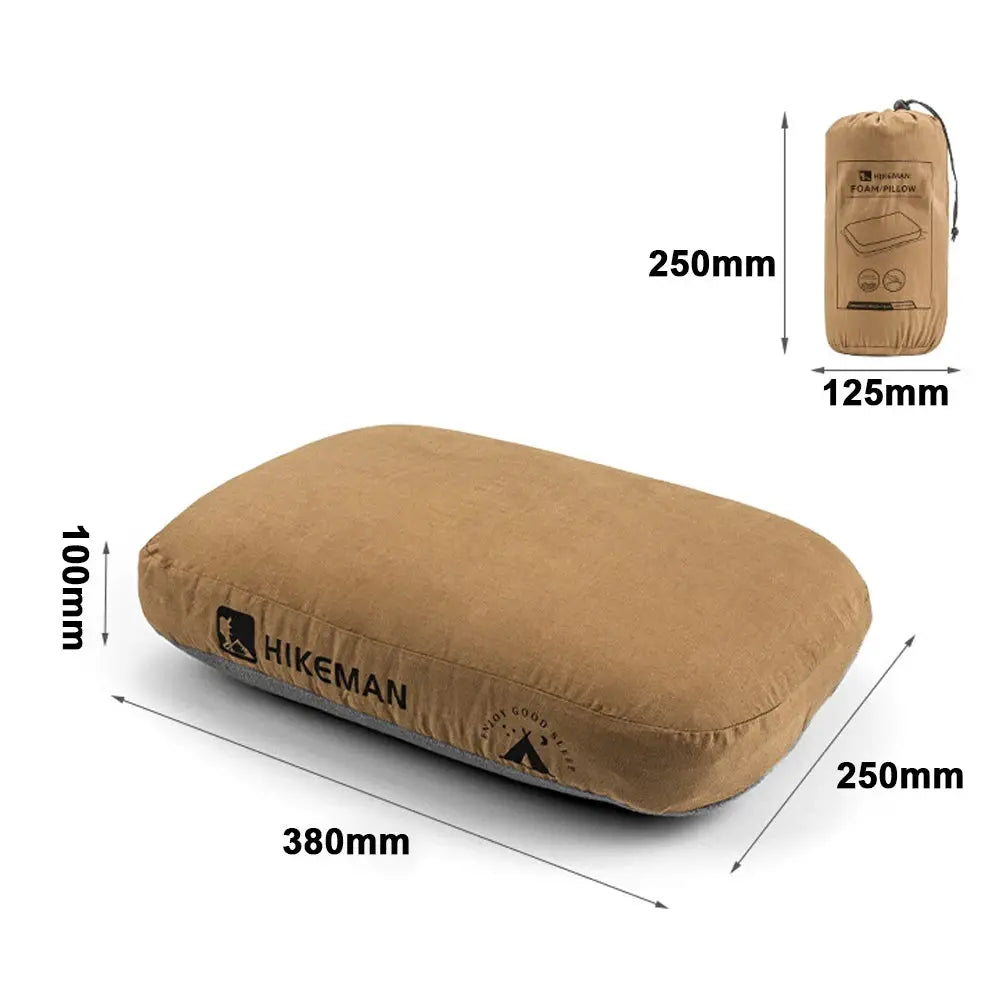 Hikeman memory foam travel neck pillow, brown outdoor camping cushion; 380x250x100mm.