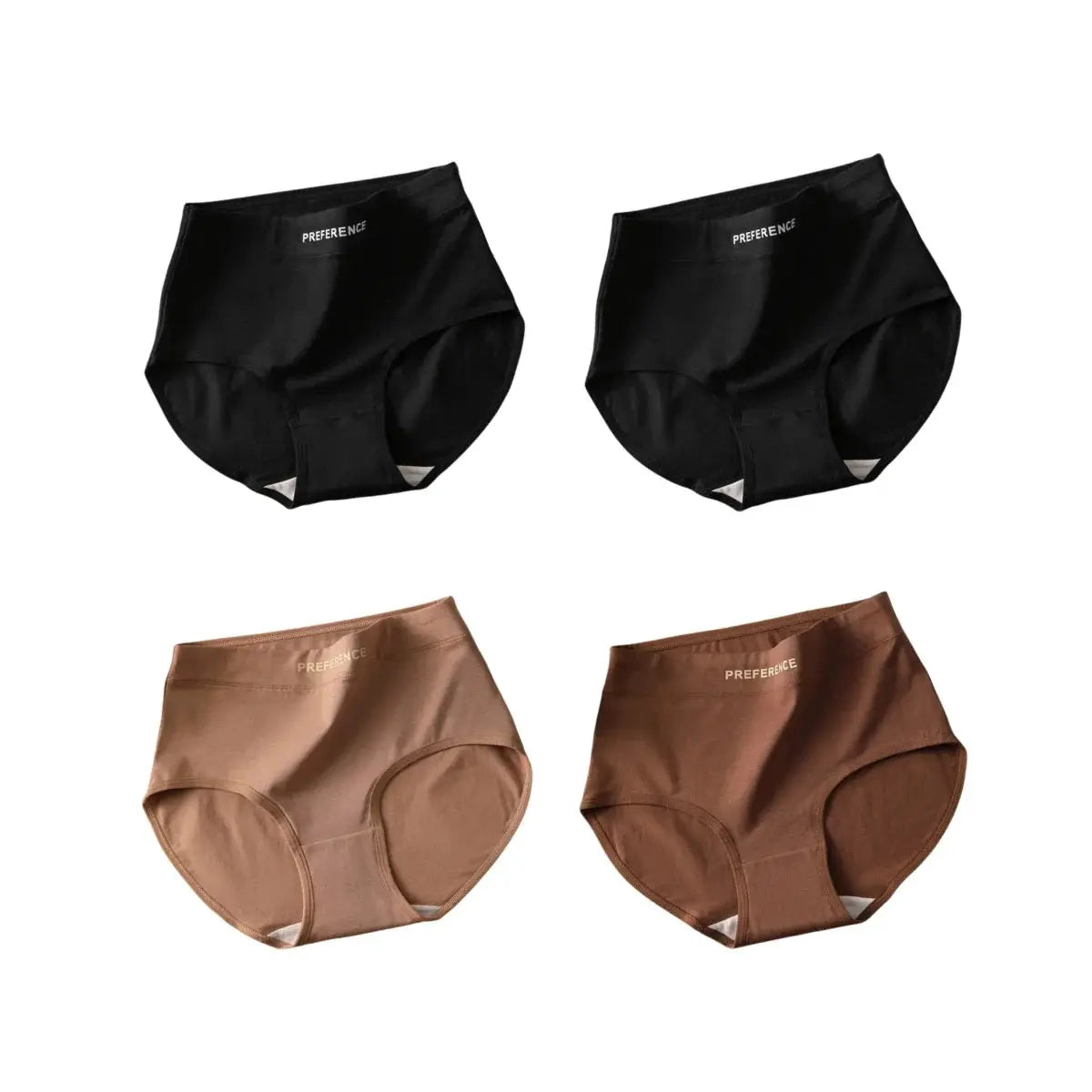 4-pack high-waist cotton briefs; two black, two nude, tummy-control, plus-size M-XXL, Preference waistband.