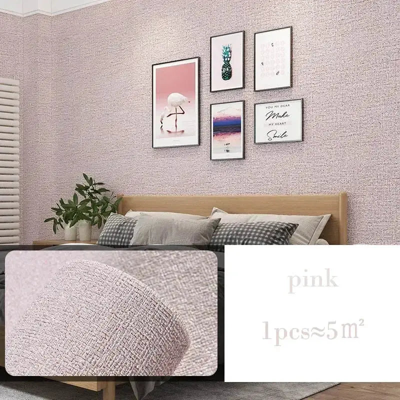 3D thick self-adhesive linen wallpaper roll in pink by Simples Market for wall insulation and decor, 10m