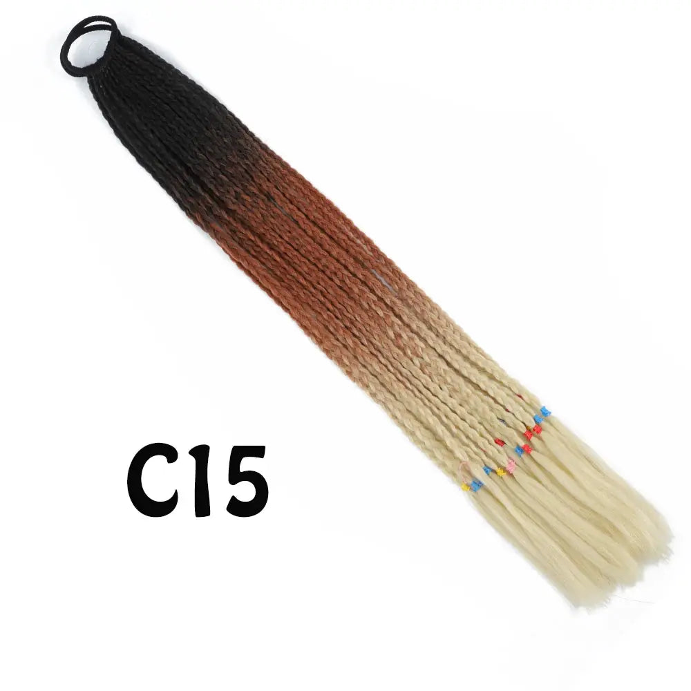 Ponytail braided extension, synthetic gradient black-to-brown-to-blonde, 24in with elastic band