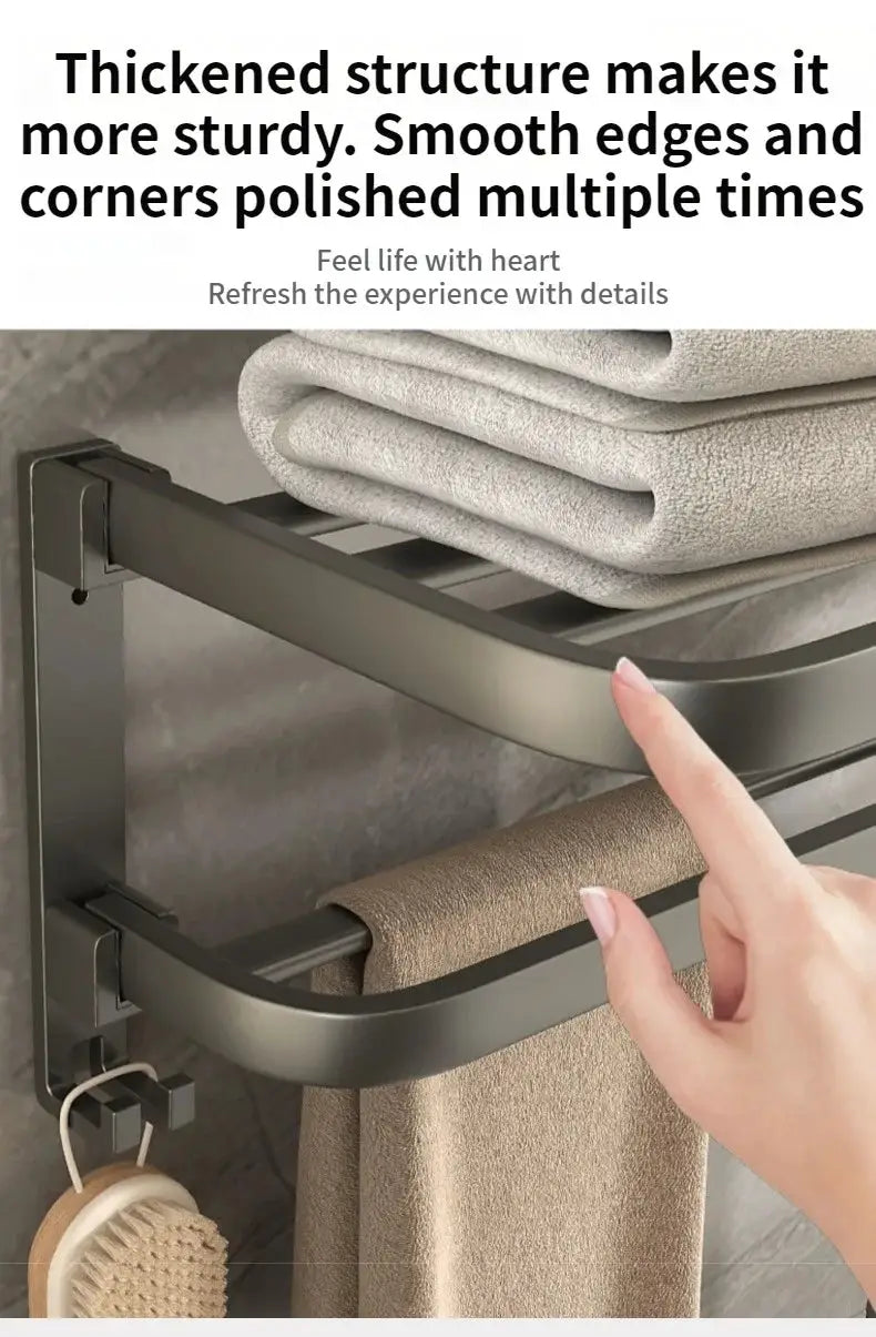 Towel rack by Simples Market, folding aluminum, grey/black 50–60cm with towel and hook