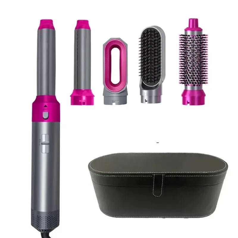 Simples Market 5-in-1 hair styling set with pink-gray wand and multiple attachments, plus black carrying case