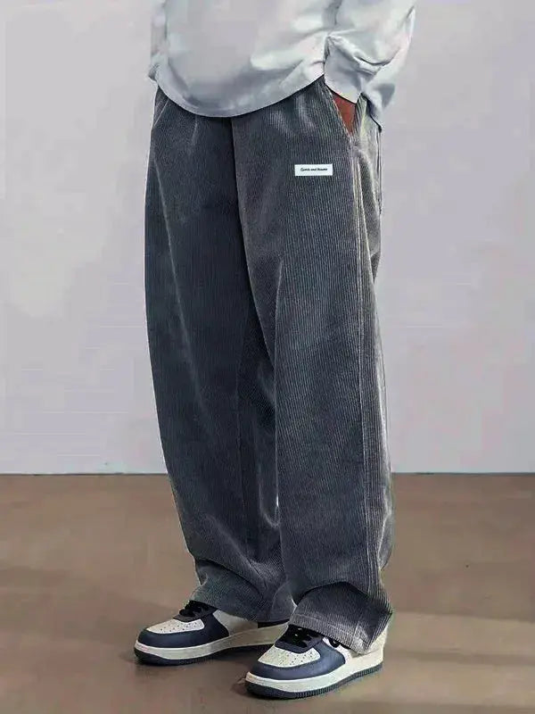 Autumn men's corduroy casual pants, dark gray, loose straight fit with elastic drawstring waist, Simples Market.