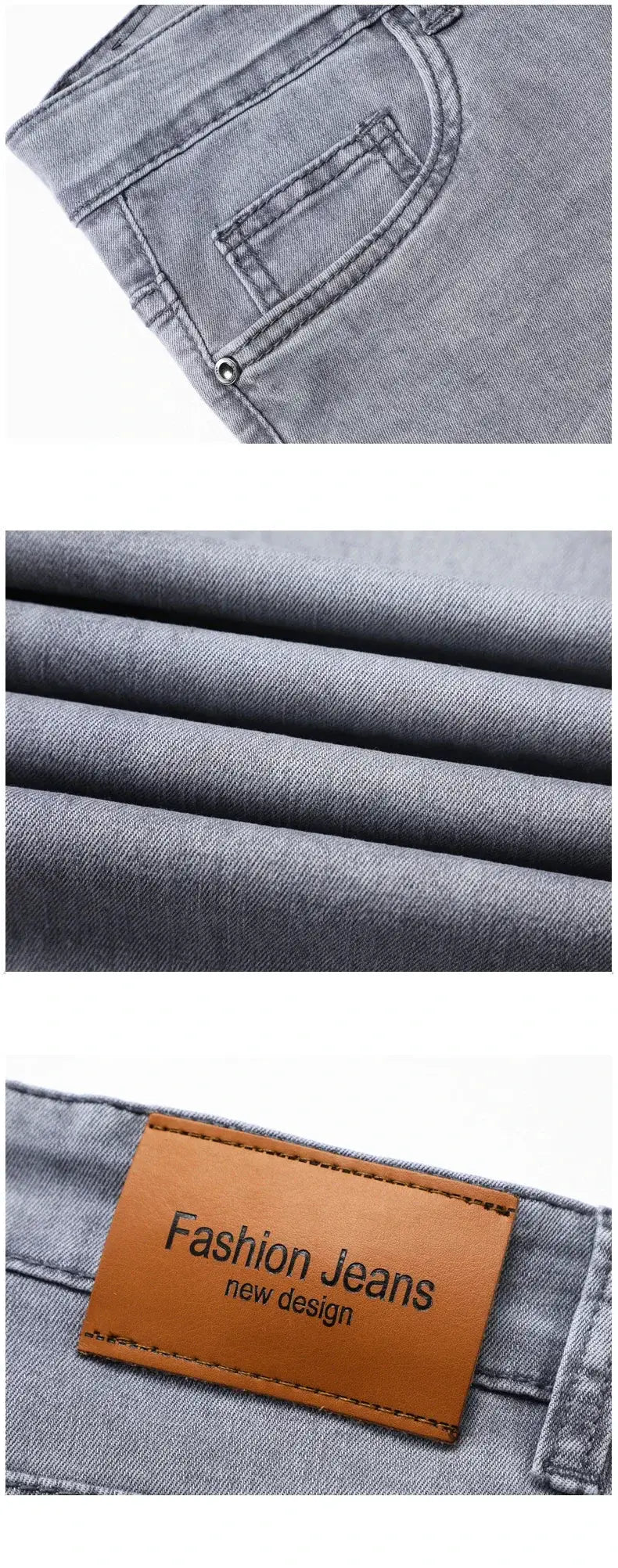 Men's gray cotton jeans with elastic, straight casual fit; visible brown leather patch label