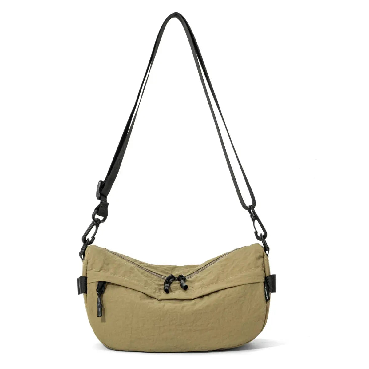 Tan nylon crossbody bag with multiple pockets; waterproof, lightweight Japanese-style small square bag for hiking