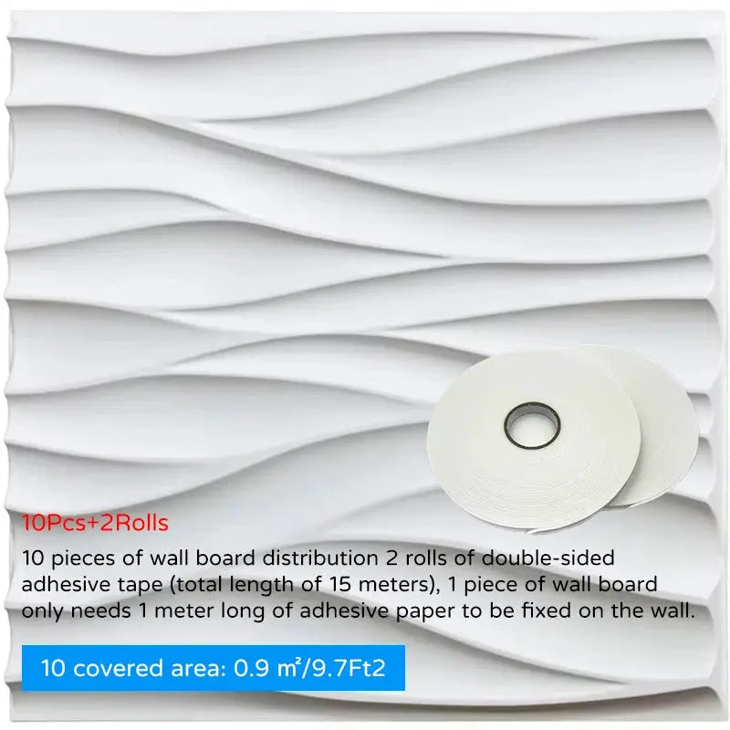 3D wall panel set with wave texture, 10 white 30x30cm panels including 2 rolls adhesive tape for indoor use
