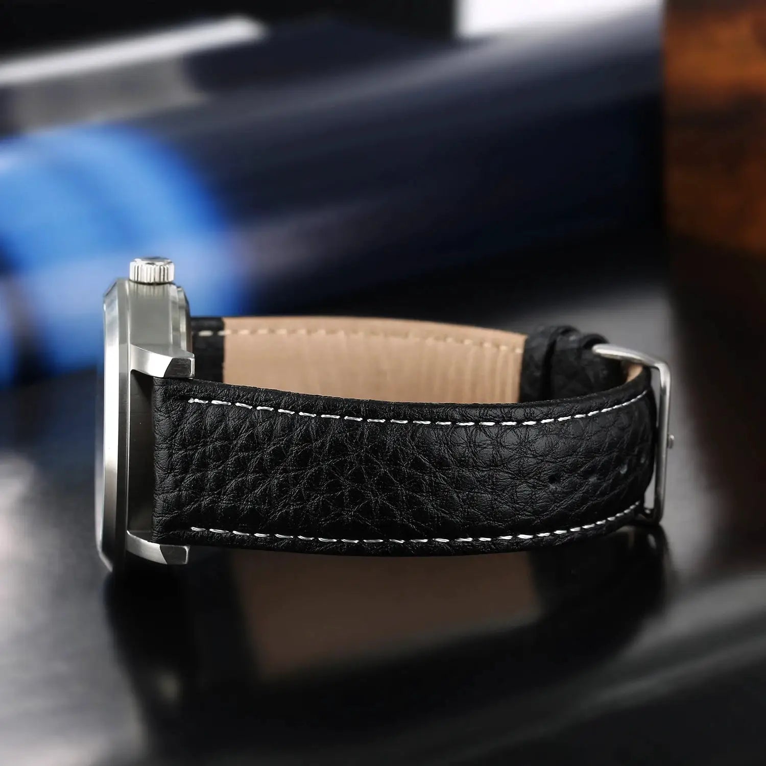 BERNY men's wristwatch with black textured leather strap, white stitching and silver case