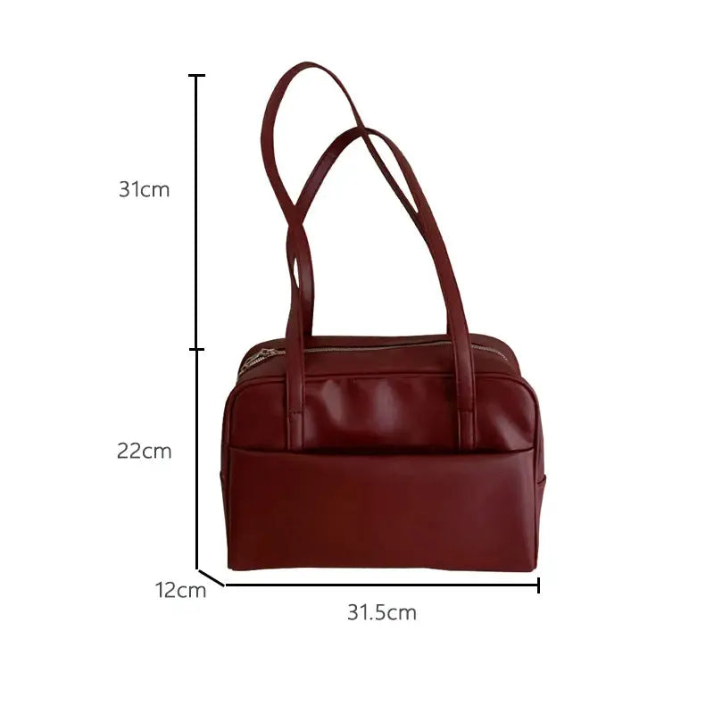 Simples Market Korean-style large-capacity burgundy shoulder bag, vintage tote, 31.5cm wide