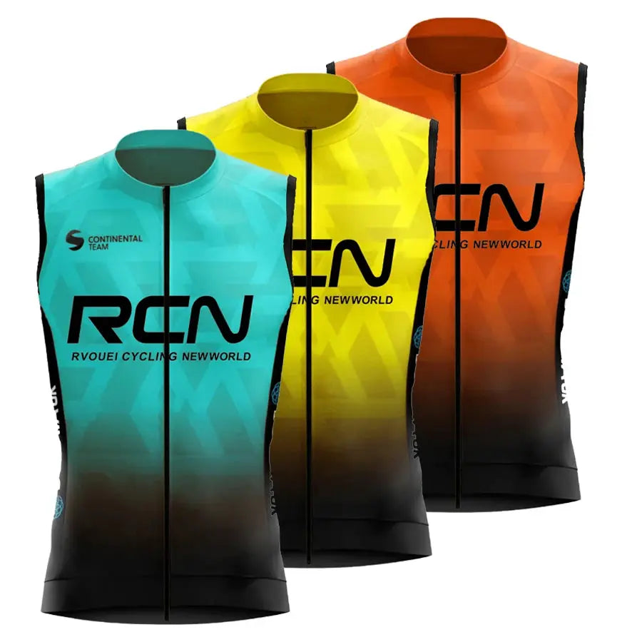 Rvouei cycling vest set of 3; turquoise, yellow, orange-black gradient, lightweight breathable windproof sleeveless