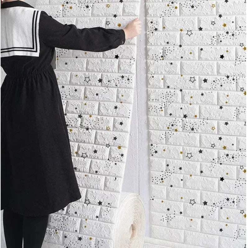 3D foam brick wall panels wallpaper by Simples Market, white textured bricks with black and gold star decals