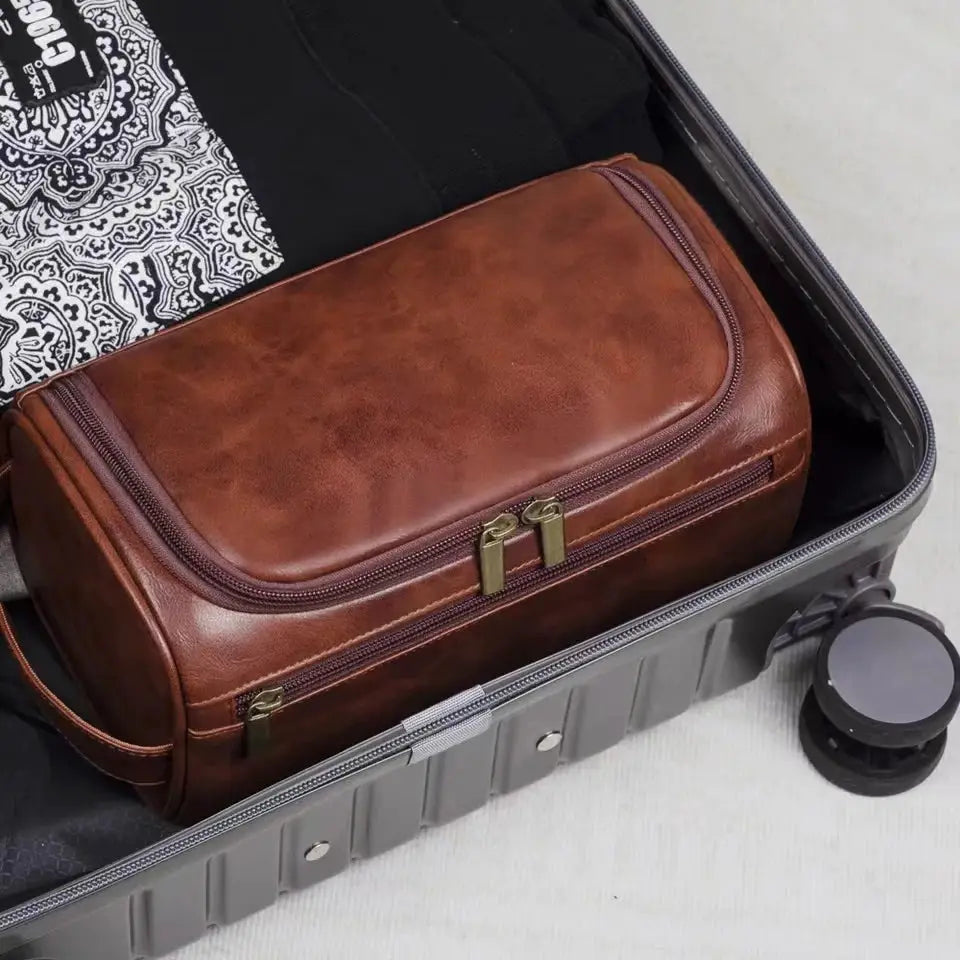 BrandX Leather Toiletry Bag Dopp Kit For Men And Women Hanging Travel Organizer Water Resistant PU Leather