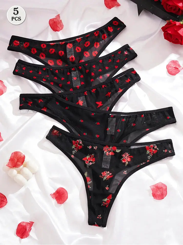 LaceAura 5 Piece Print Design Sexy Women Thongs Breathable Comfortable Low Rise G String Underwear Pack