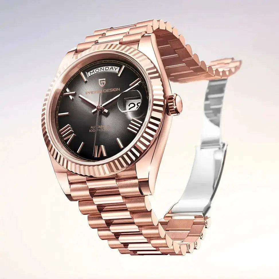 Pagani Design rose-gold DD40 automatic men's watch with black dial, day/date window, stainless steel bracelet