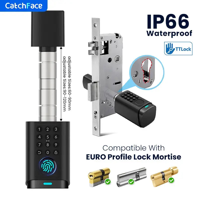 Smart door lock with IP66 waterproof rating, fingerprint keypad and RFID card, adjustable 60-90/90-120 mm CatchFace