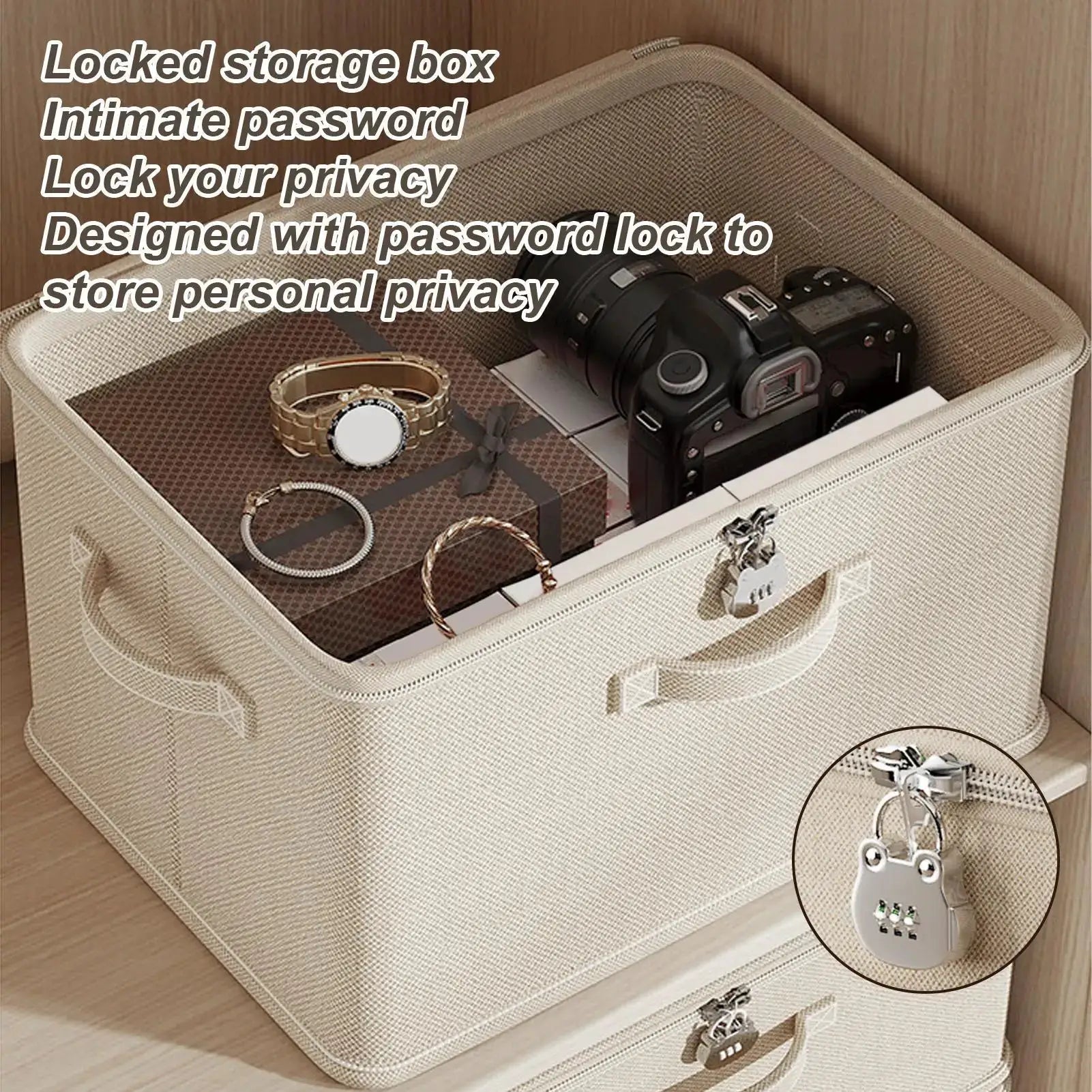 Lockable beige fabric storage box with handle, odor-proof and stackable for blankets, clothing and toys.