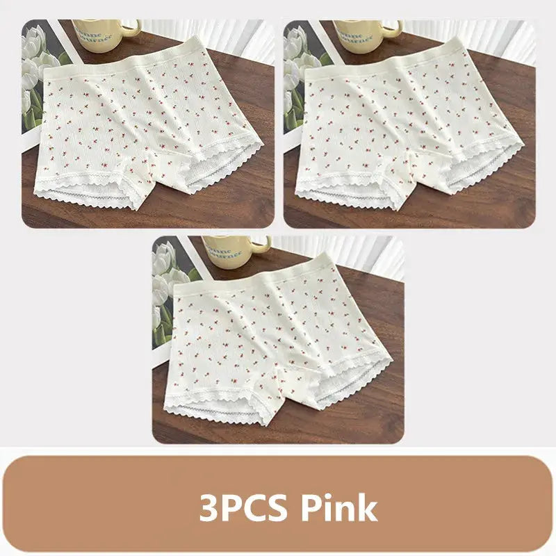 3PCS white lace mid-waist panties with pink floral print; breathable women's underwear set