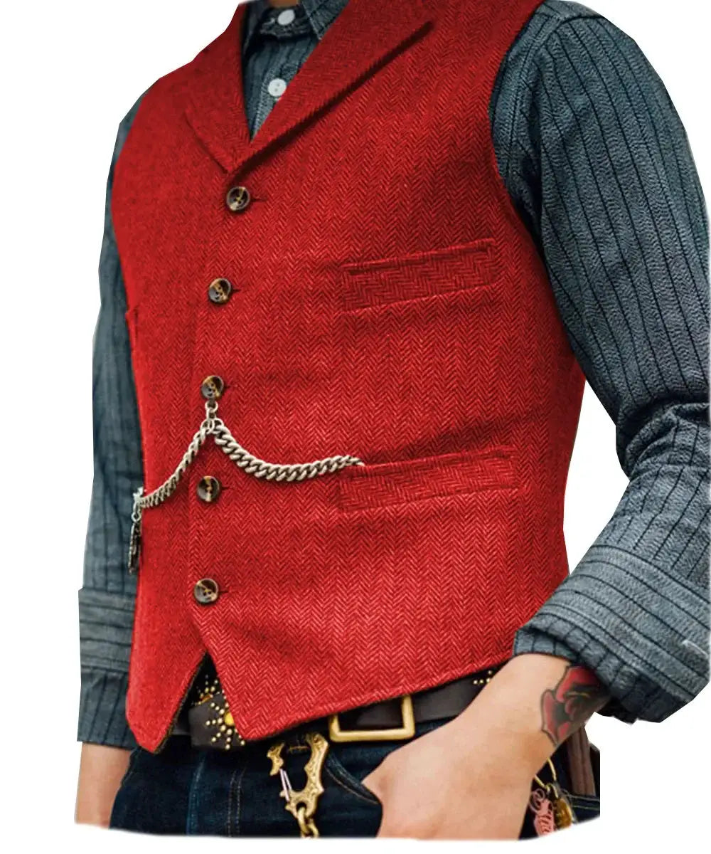 Men's red wool-tweed vest waistcoat with lapels, button-front, and pocket watch chain