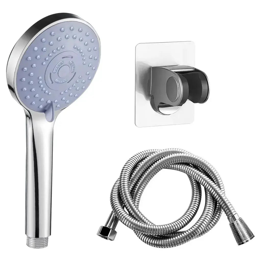 Simples Market bathroom handheld shower head kit with chrome head, blue spray face, wall mount, and flexible metal hose