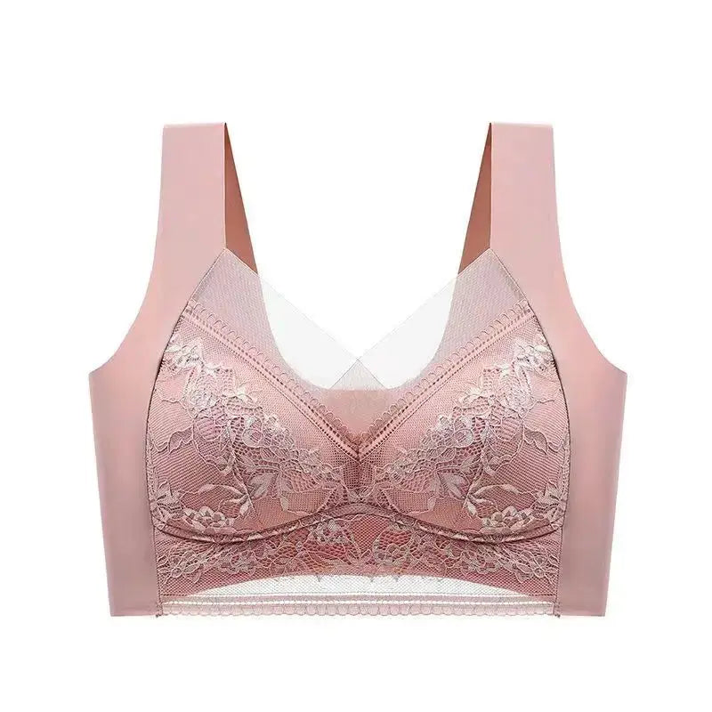 Womens lace push-up bra pink ice silk bralette with floral lace, deep V, Simples Market