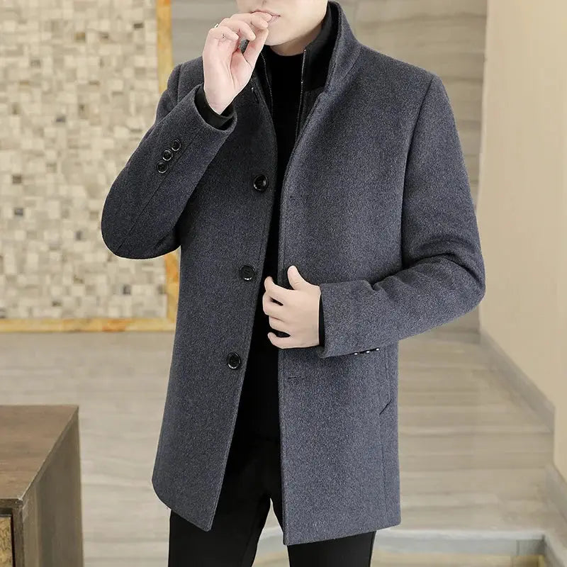 Men's long gray wool coat with stand collar, button front, and removable down liner