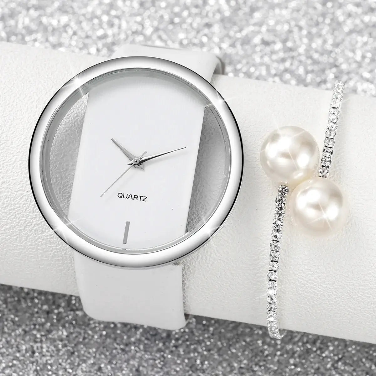 2-piece women's watch and bracelet set; white leather-band quartz watch with silver bezel and pearl-crystal bracelet.