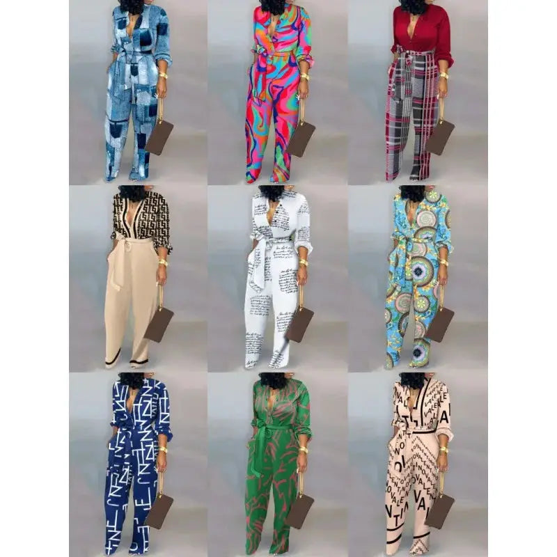 Women’s letter-print long-sleeve jumpsuits; nine colorful outfits in varied prints