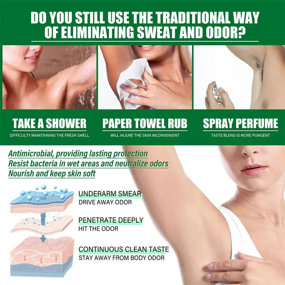 Underarm deodorant cream with natural plant extracts, 10g, displayed on green promotional layout