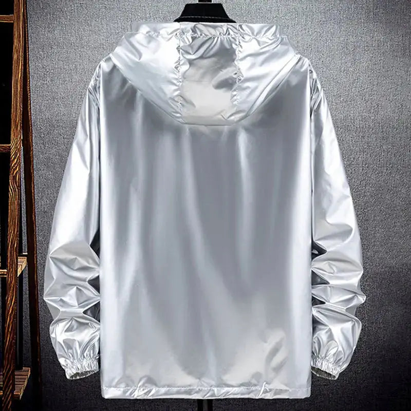 Simples Market men's shiny silver hooded windbreaker jacket with zipper, lightweight bomber style