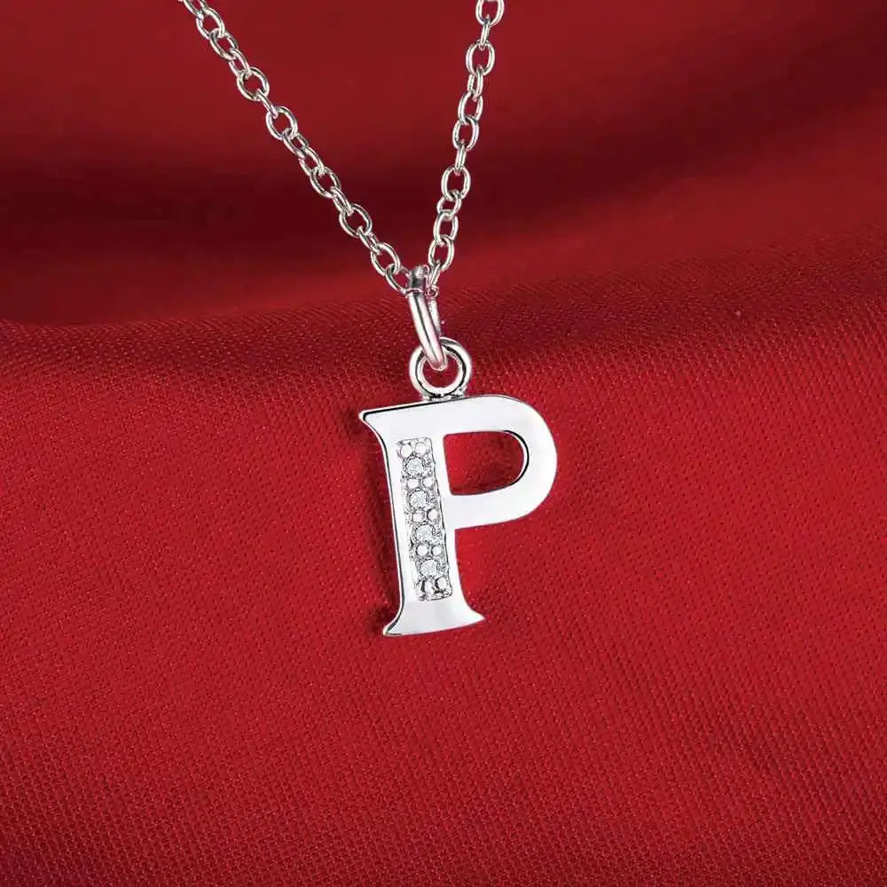 P-shaped pendant necklace in 925 sterling silver with zircon stones on chain