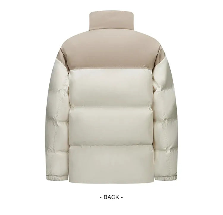 Semir down jacket back view; beige and ivory color-block puffer coat