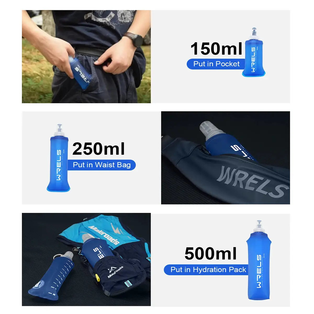 WRELS blue folding water bottles; multiple sizes shown (150ml/250ml/500ml) for pocket, waist bag and hydration pack