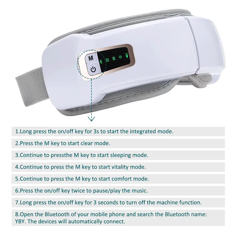 Foldable eye massager by Simples Market, white device with air-pressure massage and Bluetooth music