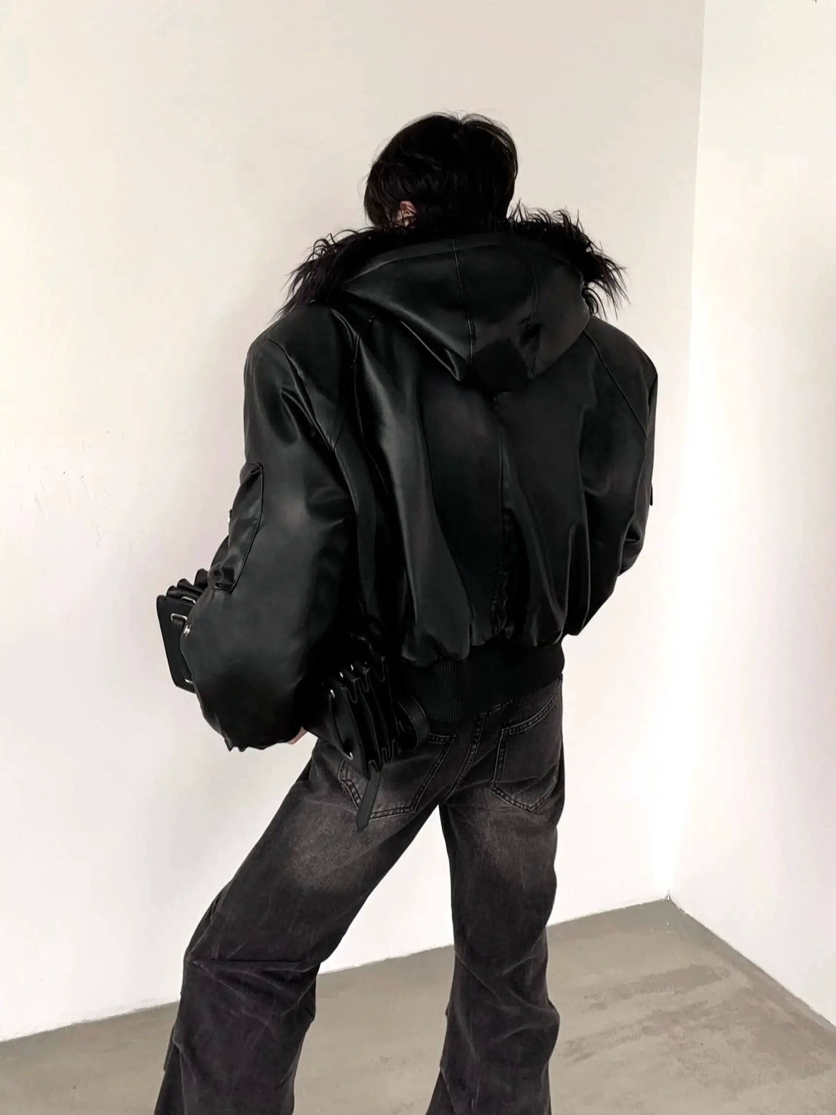 Mauroicardi black PU leather jacket with faux fur hood, oversized fit, Simples Market